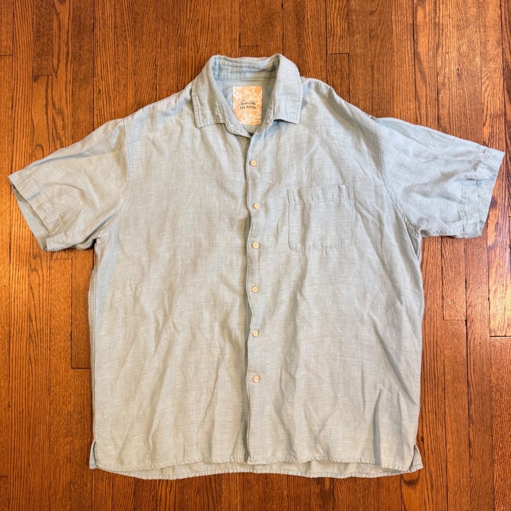 Tasso Elba Island Mens Silk Linen Blend Short Sleeve Button Up Shirt Teal Large